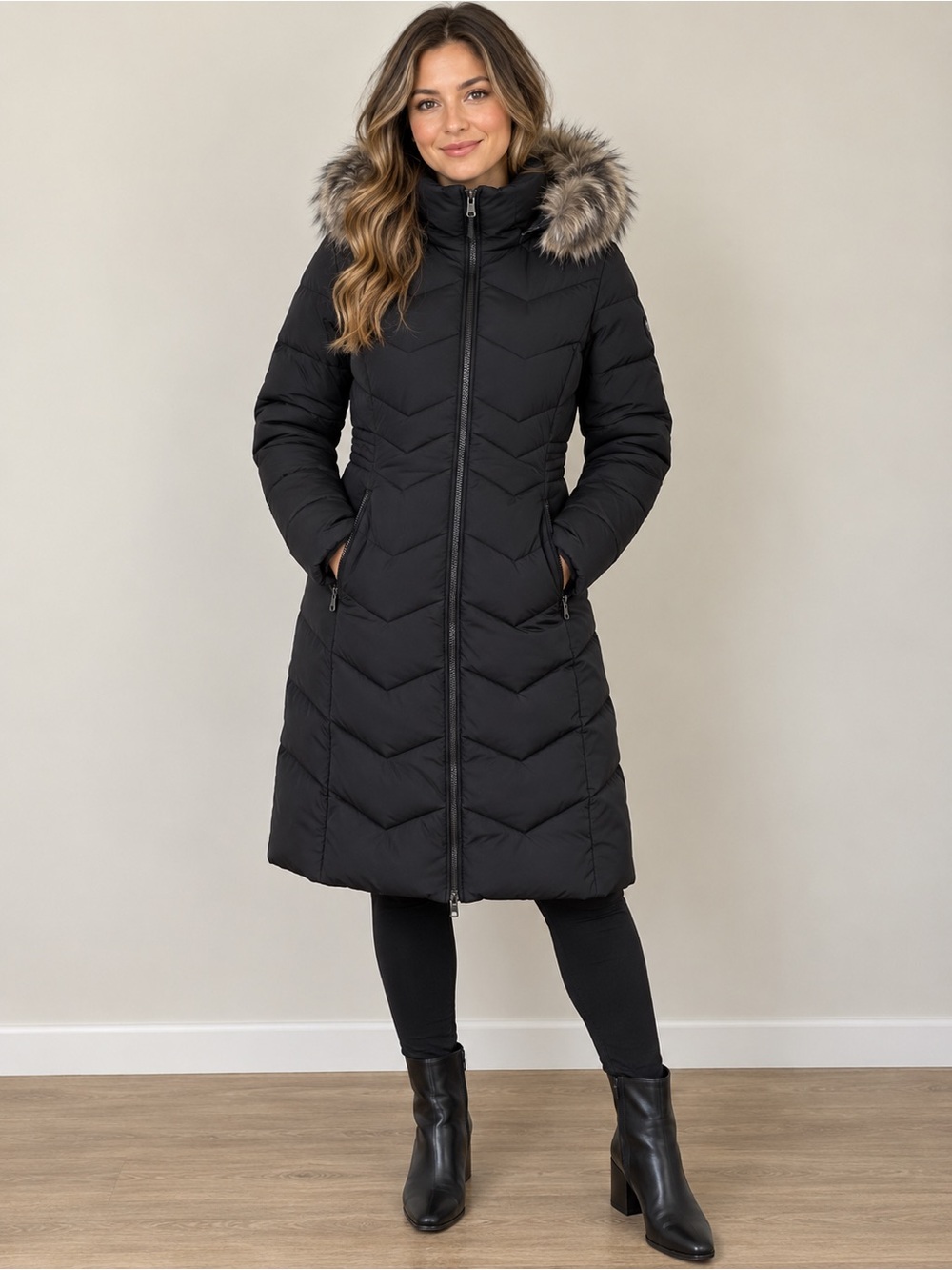 Michael Kors Black Chevron Quilted Long Puffer with Faux Fur Hood